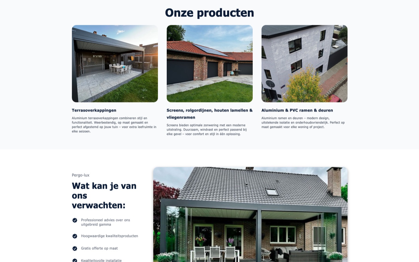 The Pergo-Lux website showing an "Onze producten" overview of pergolas, screens and aluminium windows and doors.