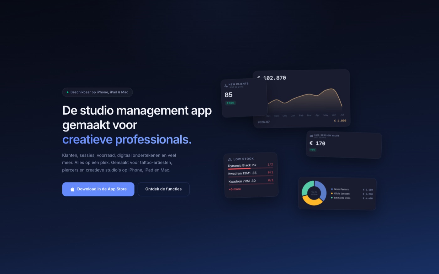 The StudioTrackr website: "De studio management app gemaakt voor creatieve professionals", beside floating dashboard cards showing revenue, low stock and a team breakdown.